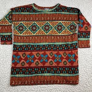 Cherish Sweater Womens M/L Rust Multicolor Aztec Tribal Boho Made USA Tunic Top